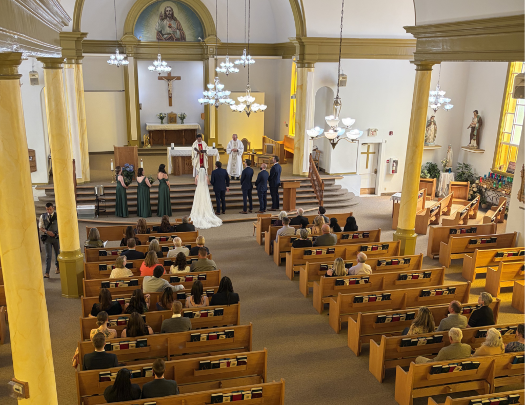 Keeley and Jared's wedding — ceremony at St. Vital Church in Beaumont and reception at the Leduc Golf and Country Club, Alberta — planned by JK Weddings & Events